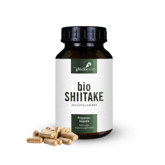 Bottle of 'bio SHIITAKE' supplement with capsules on a white background