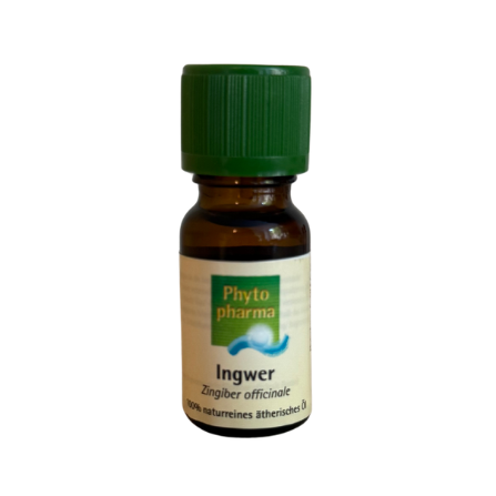 Bottle of Phyto-Derma ginger essential oil on a white background