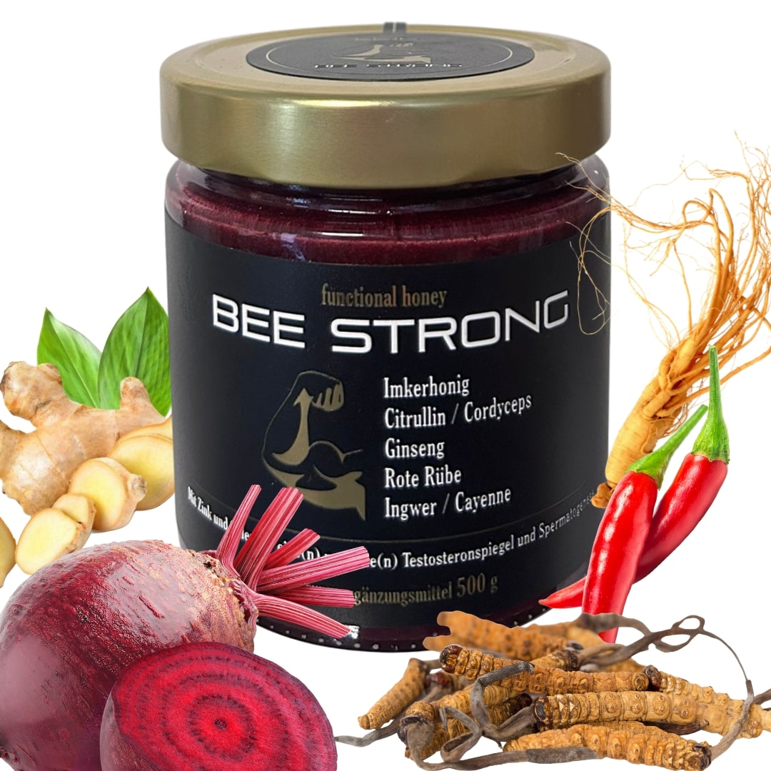 Honig-Vitlpilz-Mischung BEE STRONG mit Cordyceps, Ginseng, Citrullin, Rote Rübe, Ingwer und Cayenne